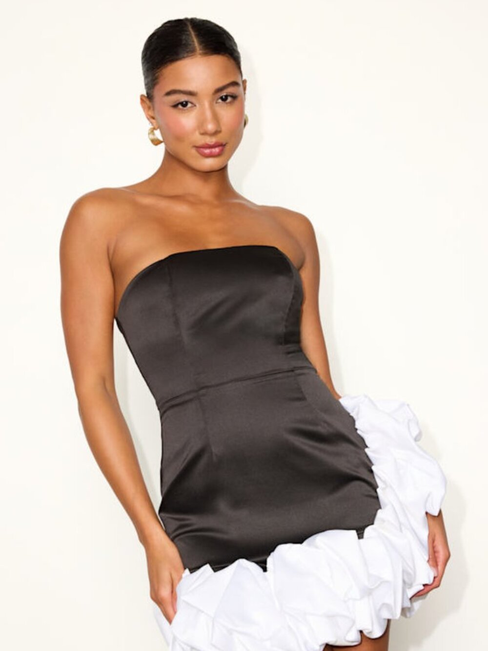 Lulus Evangela Black And White Satin Bubble-hem Mini Dress - Size S